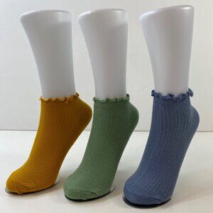 Womens Ruffled Ankle Socks 3-Pack Stylish Ribbed Yellow Green Blue